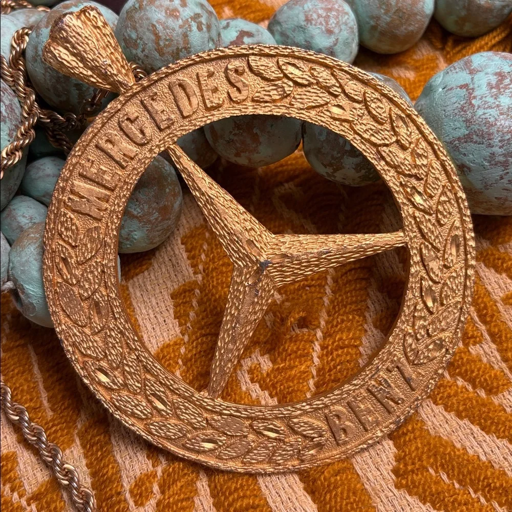 Gold Metal Mercedes Benz Logo Pendant Medallion and Chain Necklace